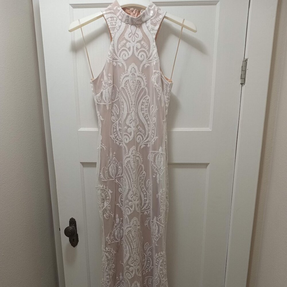 White and Nude Sparkly Long Prom Dress NWT